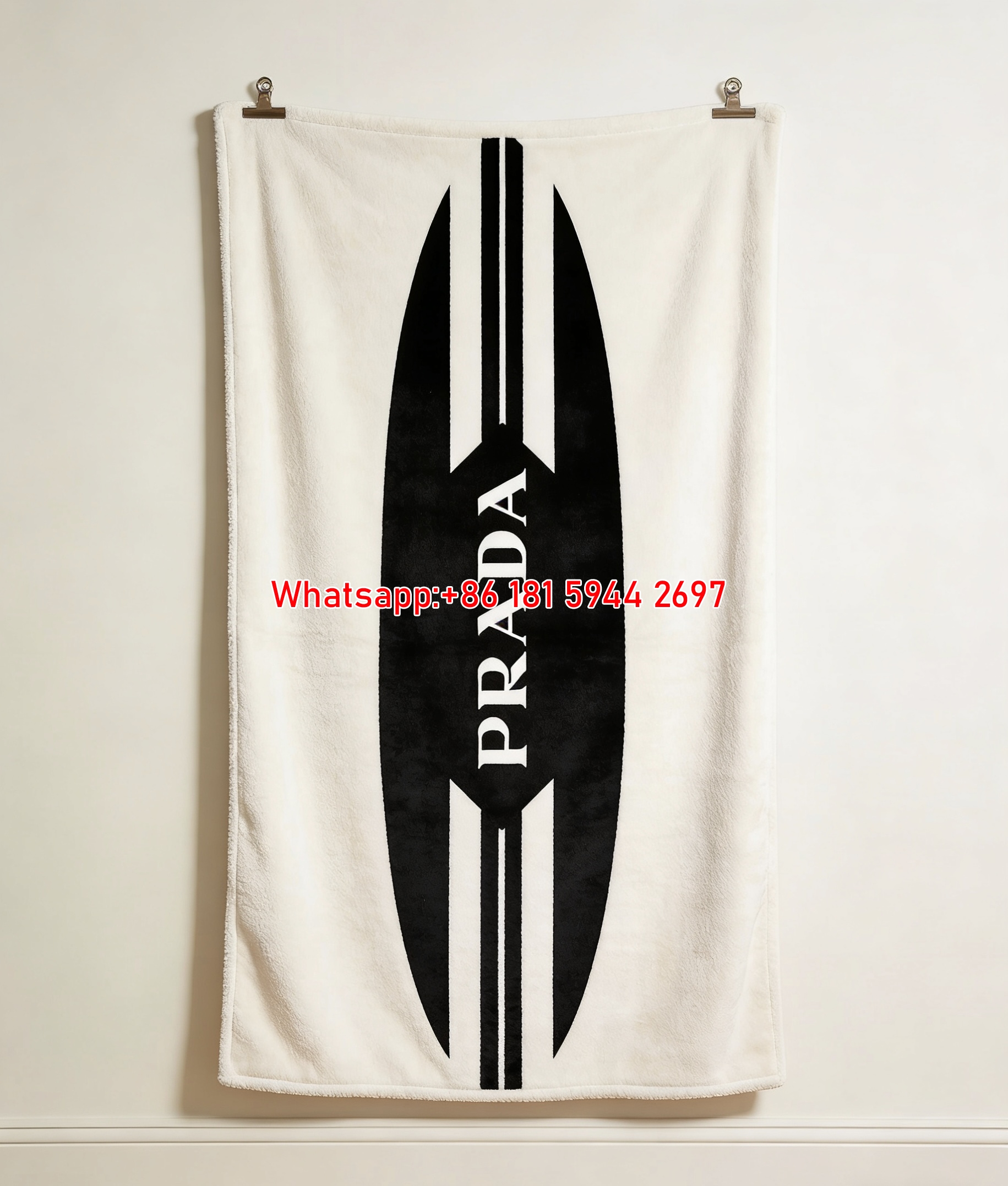 Prada Minimalist Monochrome Surfboard Logo Flannel Throw Blanket IMG_2733